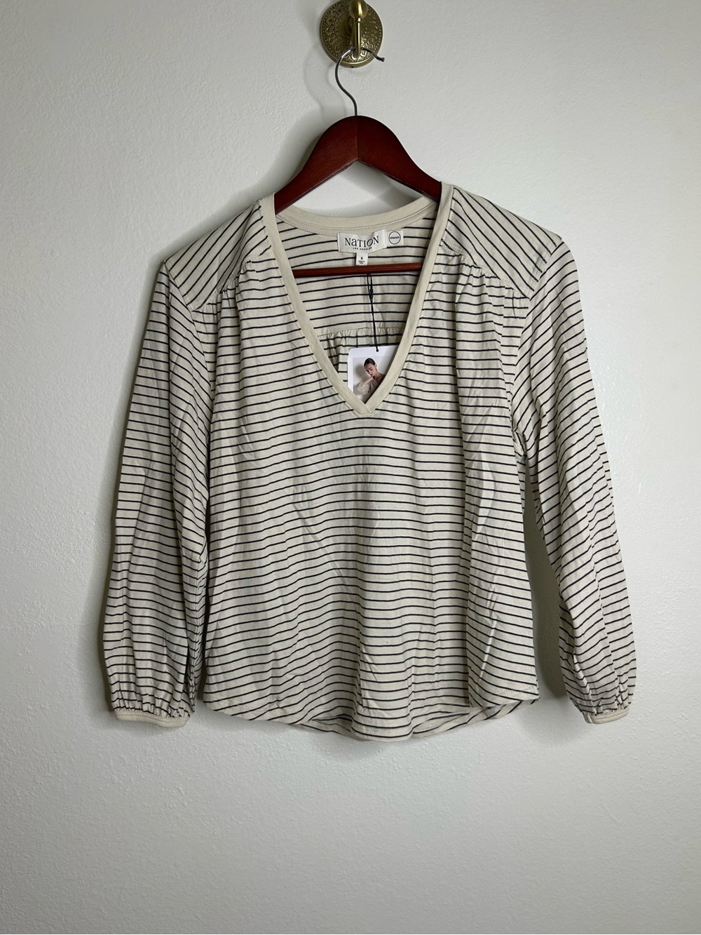 NWT Nation LA 100% Organic Cotton Savanna Shirred Top in Espresso Pinstripe